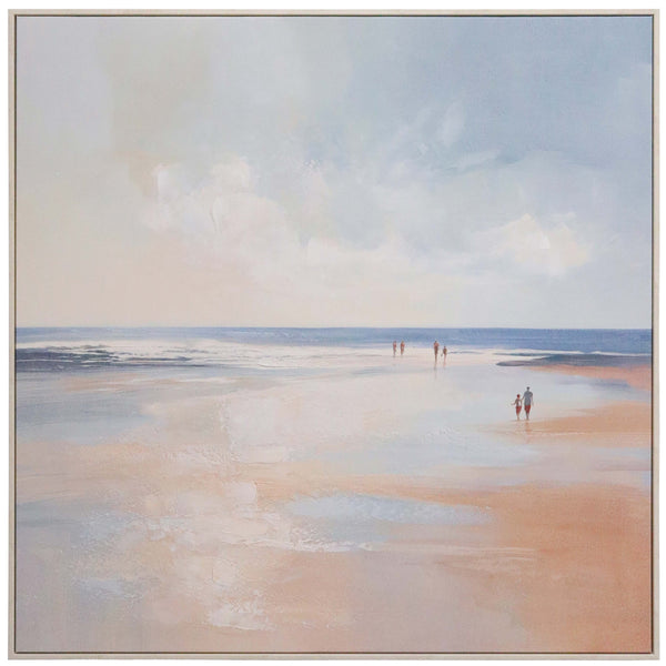 Painting of a beach scene with people walking on the sand.