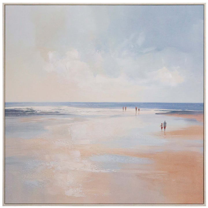 Painting of a beach scene with people walking on the sand.