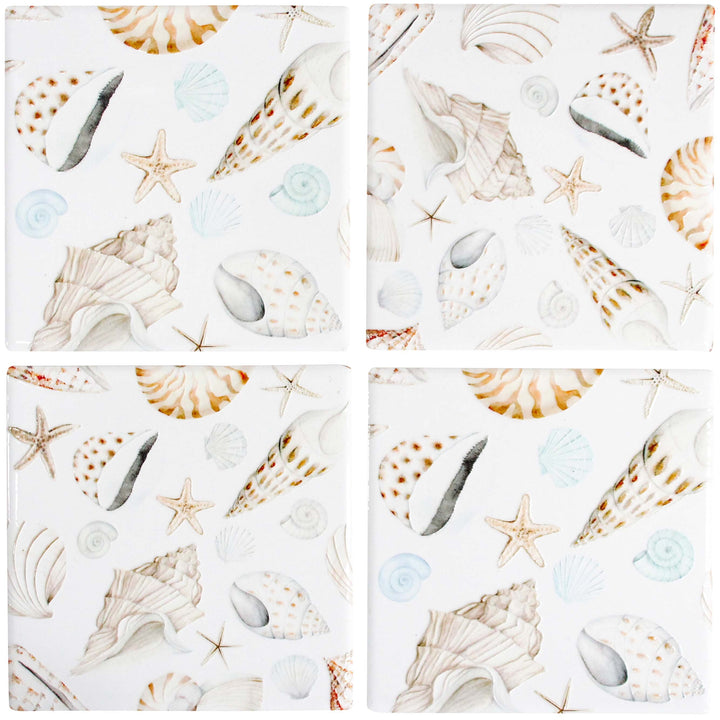 Coastal Coasters set – ceramic drink coasters with subtle modern beach design, ideal for home décor, gifts, or coastal-inspired interiors.