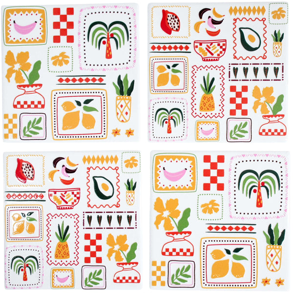 Coasters S/4 Funky Postcard is a vibrant retro ceramic coasters with Mediterranean style design, ideal for home décor, coffee tables, and gift sets.