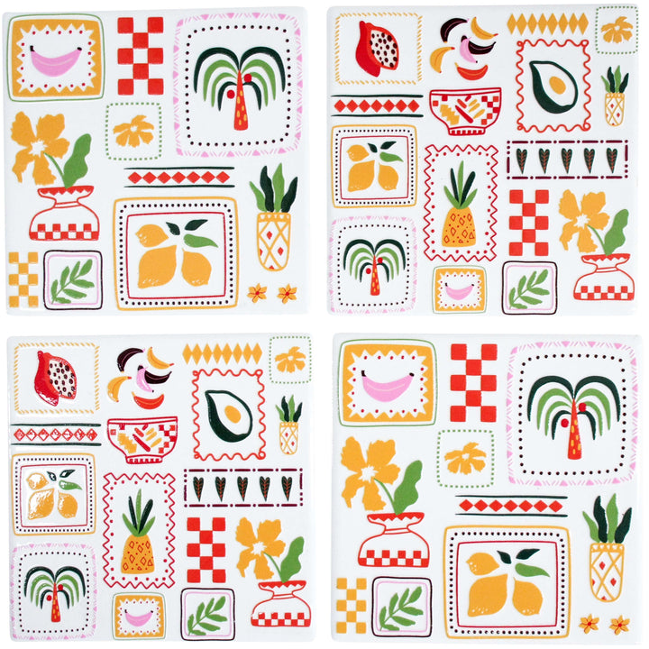 Coasters S/4 Funky Postcard is a vibrant retro ceramic coasters with Mediterranean style design, ideal for home décor, coffee tables, and gift sets.