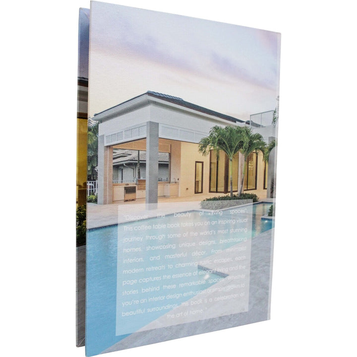 Book box cover with a photograph of a modern house with a pool is decorative storage for coffee table