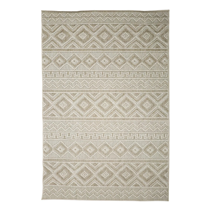 Beige and brown patterned rug on a white background
