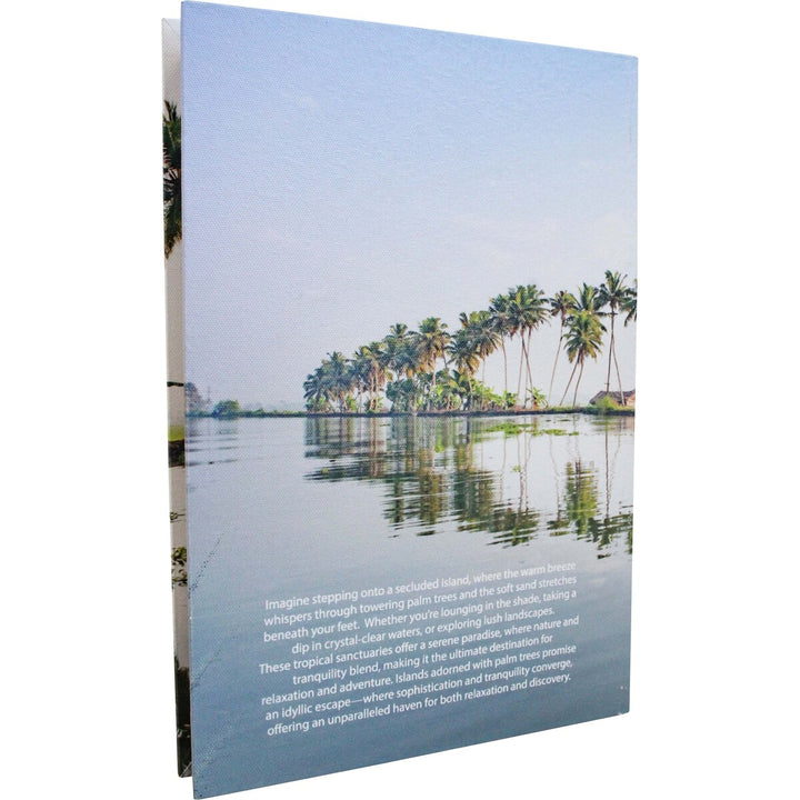 Palm book box with scenic view of palm trees reflected in water with text overlay 