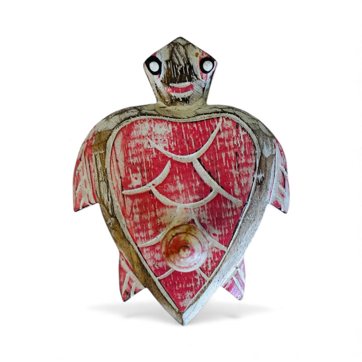 Handcrafted small wooden turtle wall hook in pink, coastal beach house décor ideal for hanging keys, towels, or accessories.