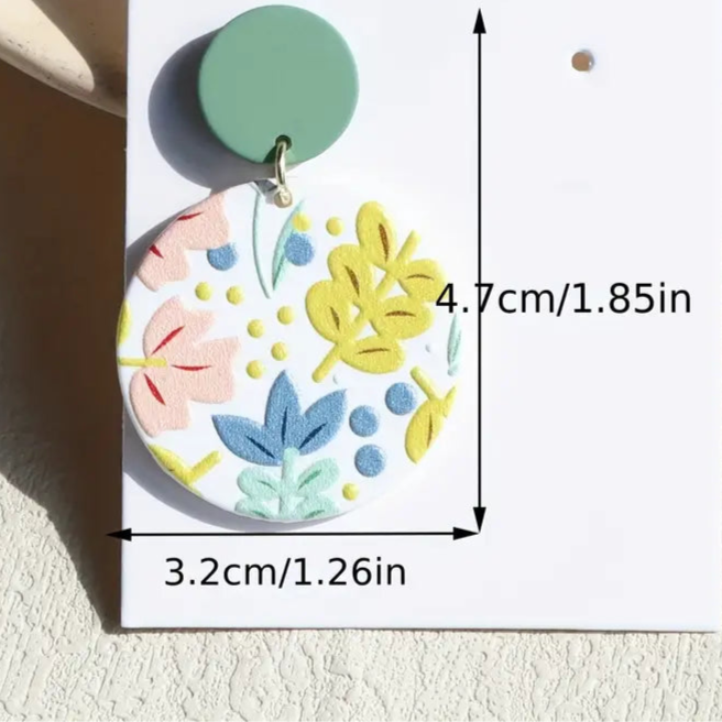 Women’s botanical print earrings with green clay-textured stud – statement earrings