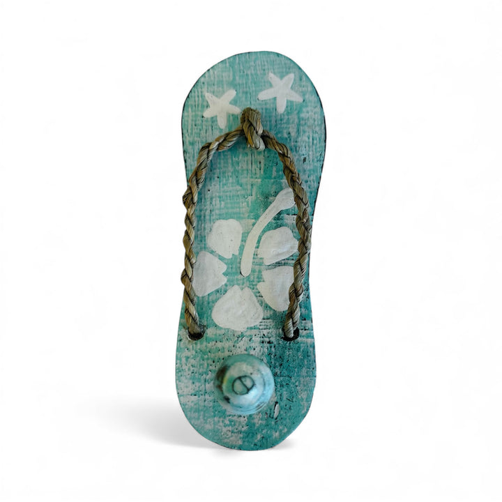 Handcrafted aqua timber flip-flop wall hook with white hibiscus flower design, beach-inspired coastal décor for hanging towels, keys, or accessories