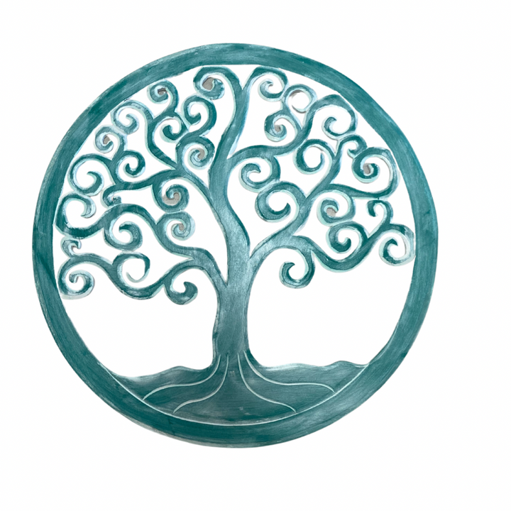A round wall hanging featuring an intricate design of the Tree of Life symbol, predominantly in a aqua colour