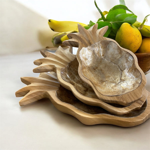 Teak wood pineapple shaped bowl with a shell shell inlay handcrafted by artisans.