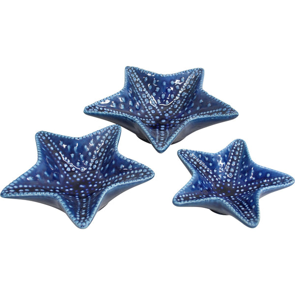 three sizes blue ceramic starfish-shaped trinket plates with a glossy finish.