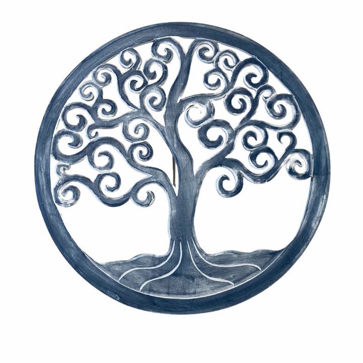 A round wall hanging featuring an intricate design of the Tree of Life symbol, in a blue colour