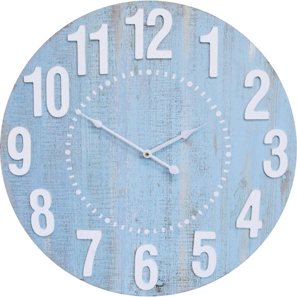 A wall clock with a blue background and white raised numbers and hands, displayed on a wooden-style wall mount.