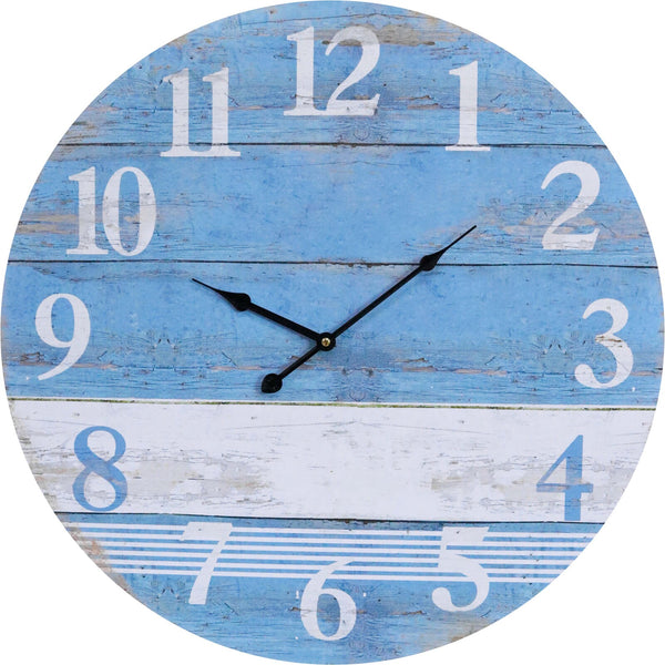 A Blue and white striped clock with beach style theme