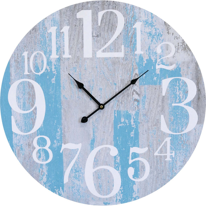 A wall clock with a blue and white weatherboard finish design, featuring black hands and markers.