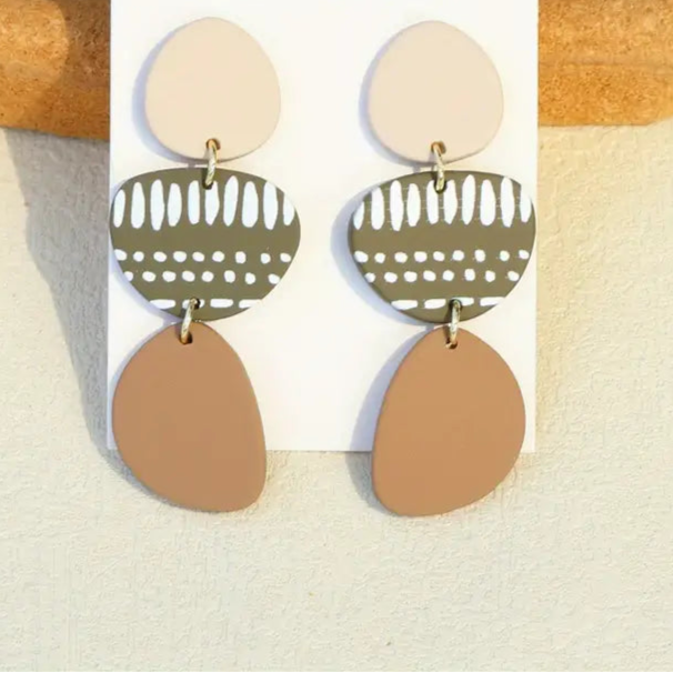 Three-part statement earrings in beige, olive, and clay tones with artistic design