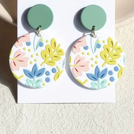 Round floral print earrings with olive green stud top – lightweight acrylic drop earrings
