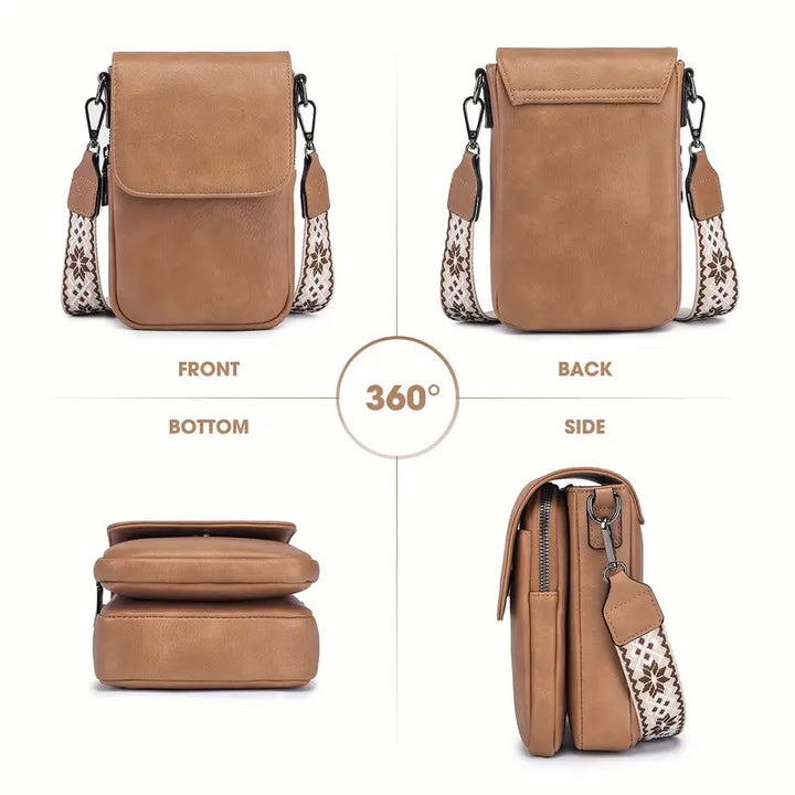 Brown faux leather crossbody bag shown from multiple angles on a white background
