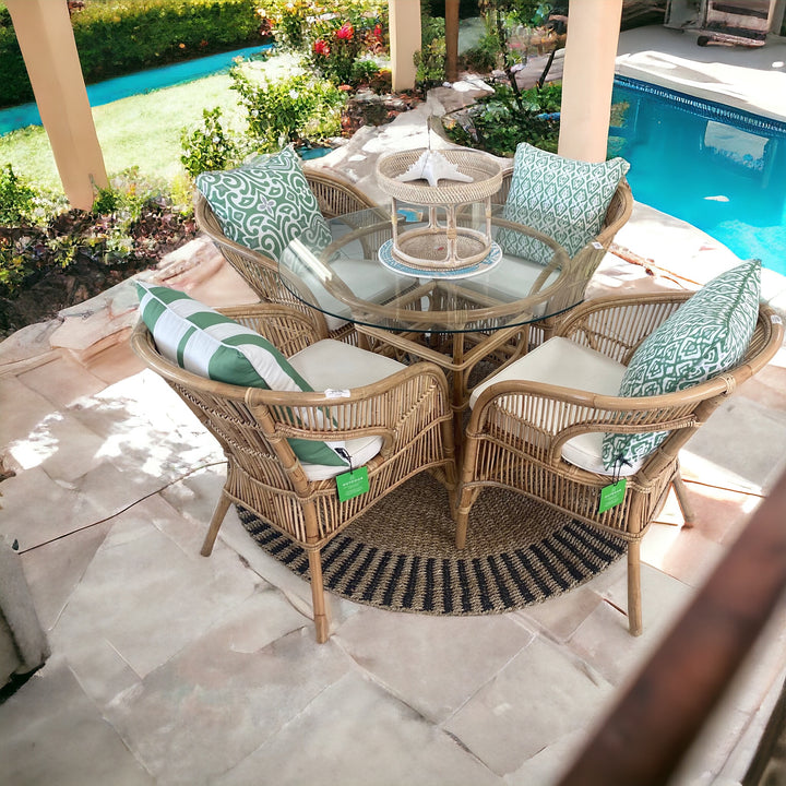 Natural cane dining setting with compact 100cm dia dining table and 4 cane/rattan dining chairs