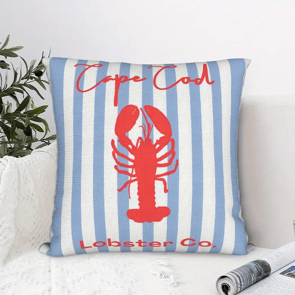 Cape Cod Lobster Co. cushion with blue and white stripes and red lobster motif, coastal nautical home decor accent