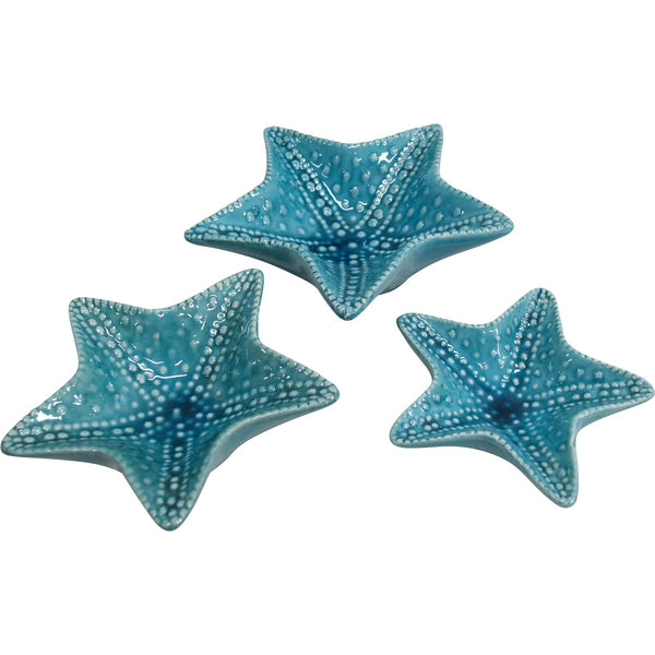 aqua blue ceramic starfish-shaped trinket plates with a glossy finish available in 3 sizes