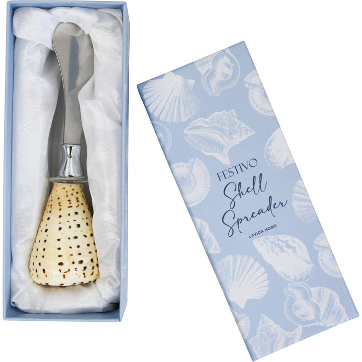 Large Shell Spreader – stainless steel spreader with natural speckled shell handle, 20.5x6.8x5.2cm, perfect for cheese boards and coastal décor.”