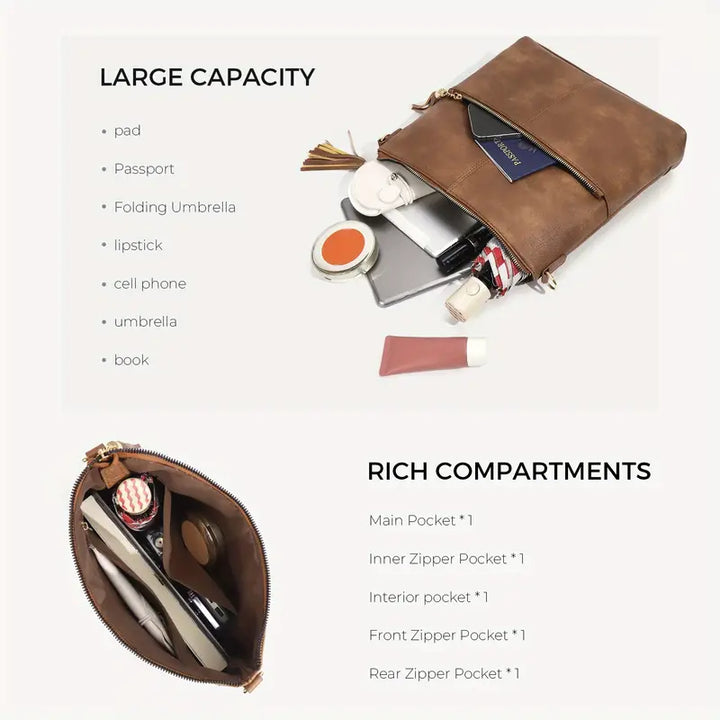Classic brown crossbody bag with zip closure and minimalist design