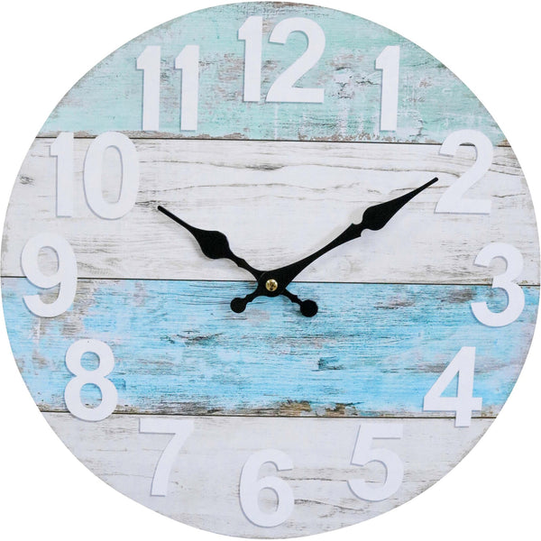 A wall clock with a weatherboard design in aqua and blue tones, featuring a black hour hand and black minute hand against a white background with black Roman numerals.