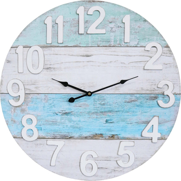 A wall clock with a weatherboard design featuring aqua and blue tones, with raised numbers for easy reading.