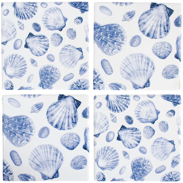 Coasters S/4 Shells, ceramic drink coasters with blue seashell design, ideal for coastal décor, coffee tables, and gift sets.