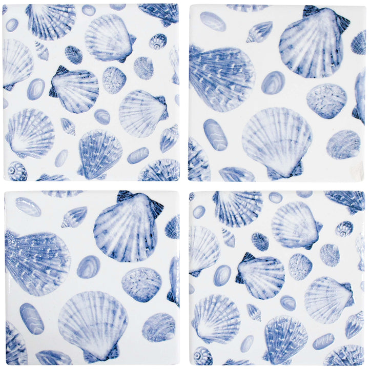 Coasters S/4 Shells, ceramic drink coasters with blue seashell design, ideal for coastal décor, coffee tables, and gift sets.