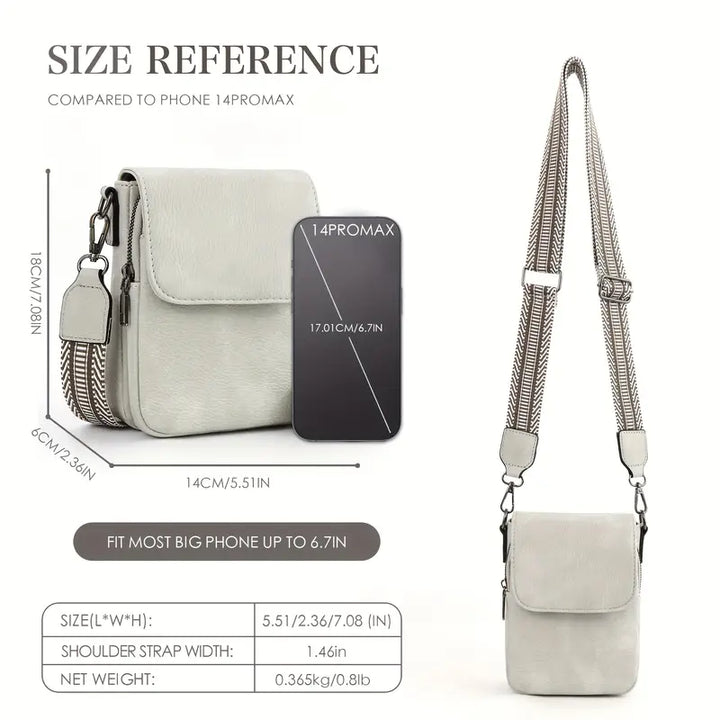 Gray crossbody bag with size reference to a phone 14Promax on a white background