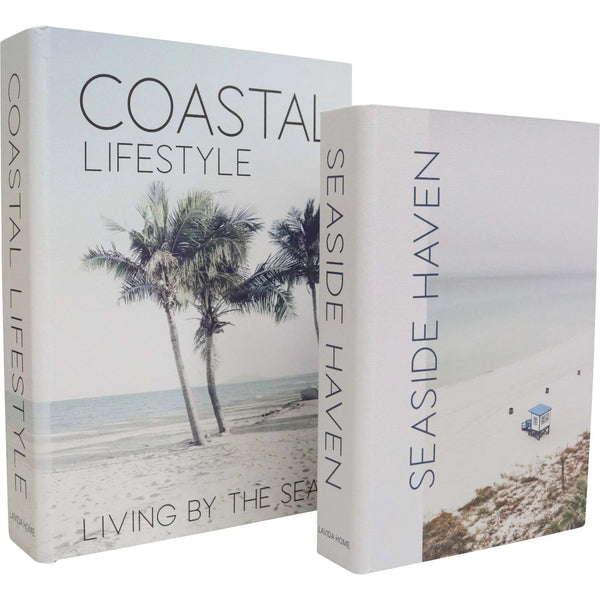 A book box with a coastal theme, featuring images of palm trees and a beach scene, titled 'Coastal Lifestyle - Living by the Sea'.