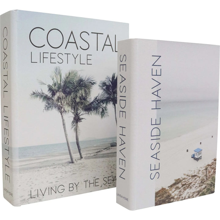 A book box with a coastal theme, featuring images of palm trees and a beach scene, titled 'Coastal Lifestyle - Living by the Sea'.