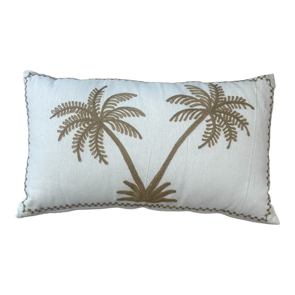 A decorative cushion with 2 palm trees embroidered on the front in a neutral tone and border embroidered around the cushion. Perfect for a coastal or coastal boho style home