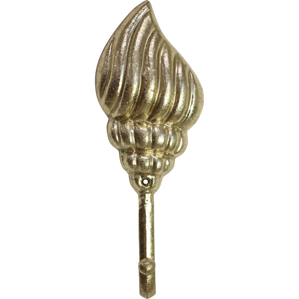 A gold-colored metal shell-shaped hook for hanging items.