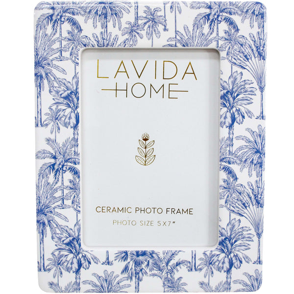 Ceramic photo frame with blue palm tree design, hamptons or coastal style