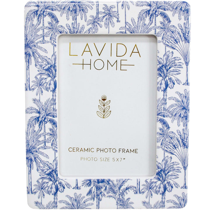 Ceramic photo frame with blue palm tree design, hamptons or coastal style