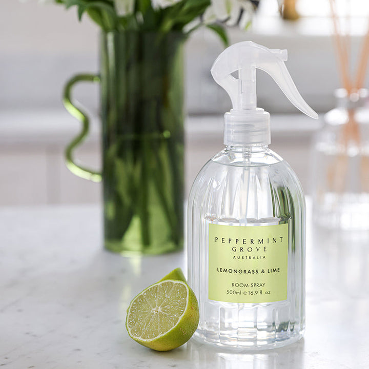 Lemongrass and lime room spray in clear plastic bottle with fresh citrus fragrance, perfect for refreshing and uplifting any room