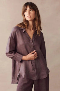 Chocolate brown linen shite. Relaxed boyfriend fit