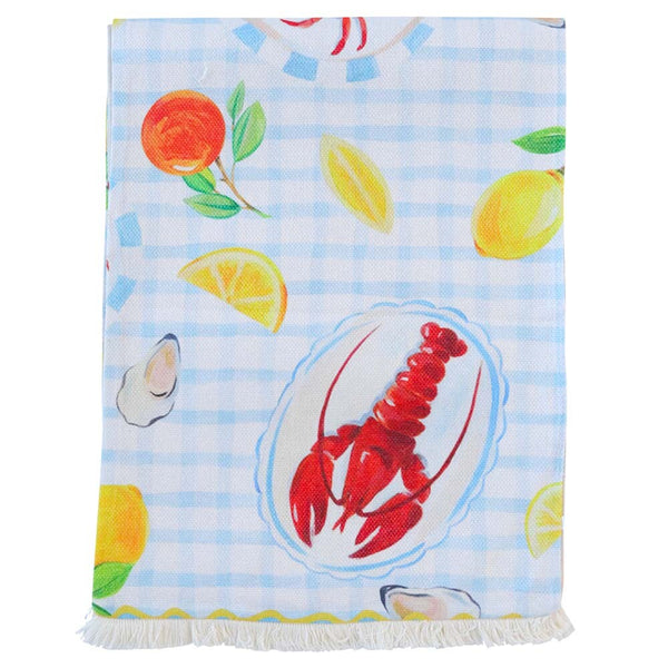 Lobster coastal table runner with red lobster, oysters, and lemon print on blue and white checkered background, perfect for summer or seaside dining