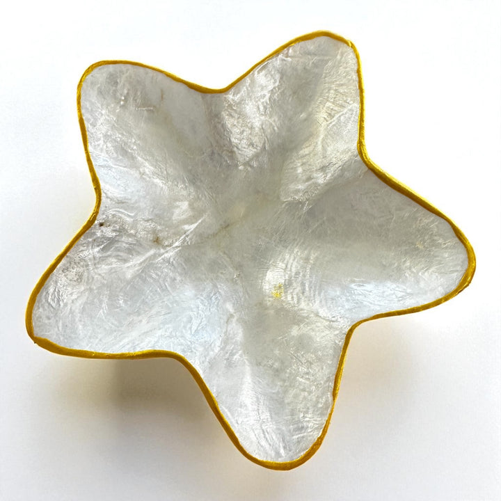 Star-shaped mini mother of pearl trinket dish with gold trim – unique coastal jewellery holder