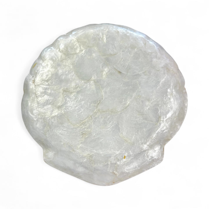 Bsack view of shimmering mother of pearl texture and gold trim – coastal inspired decorative dish.