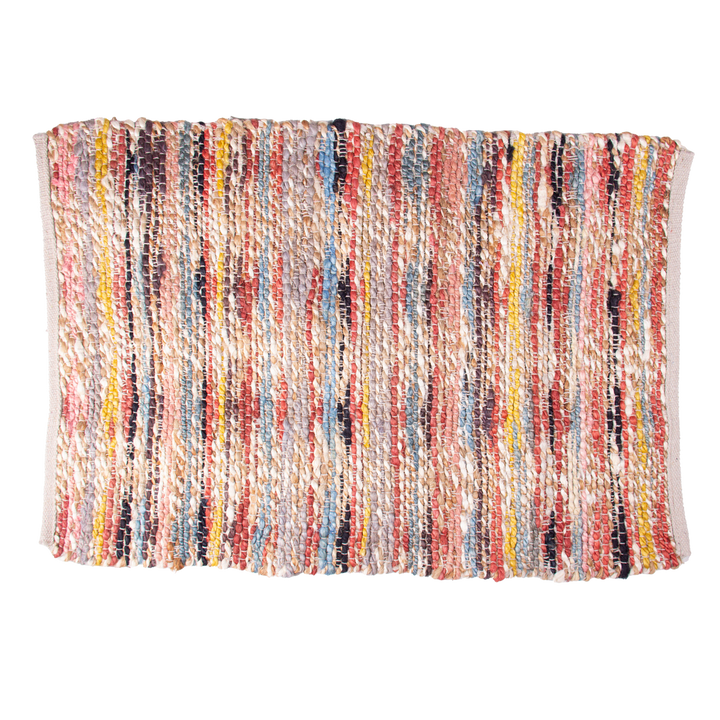 Colourful woven cotton and jute mat 60x90cm with vibrant stripes, perfect for entryways, kitchens, or coastal and eclectic home décor
