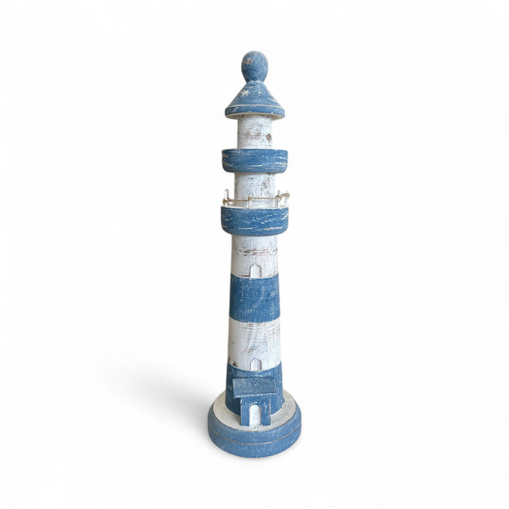 Your coastal home just got better with this decorative navy and white striped timber light house. Available in 3 sizes crafted from reclaimed timber