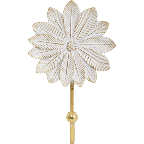 A decorative wall hook with an intricate palm leaf design in white and gold colors, made from resin.