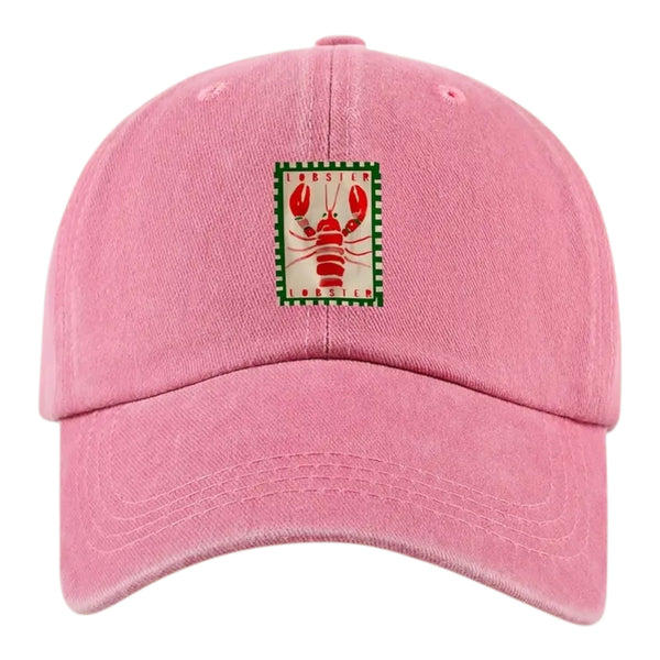 Pink cap with a red lobster motif on the front. A fun addition to your summer wardrobe