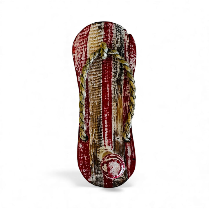 Handcrafted timber flip-flop wall hook in red and white stripes, coastal beach house décor ideal for hanging towels, hats, or keys.