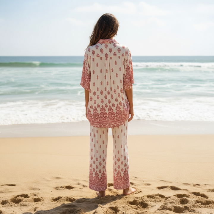 relaxed red and white printed co-ord outfit, perfect for coastal summer style