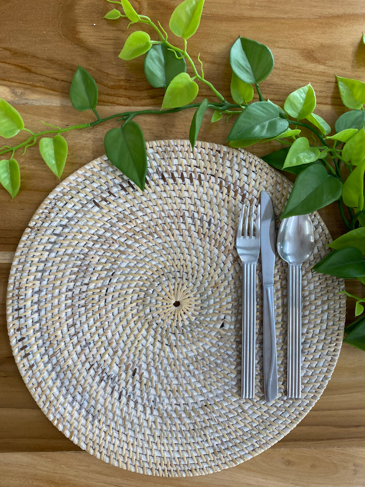 30cm round white washed rattan placemat