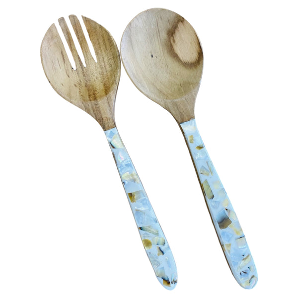 Teak salad server set with resin and shell handle inlay